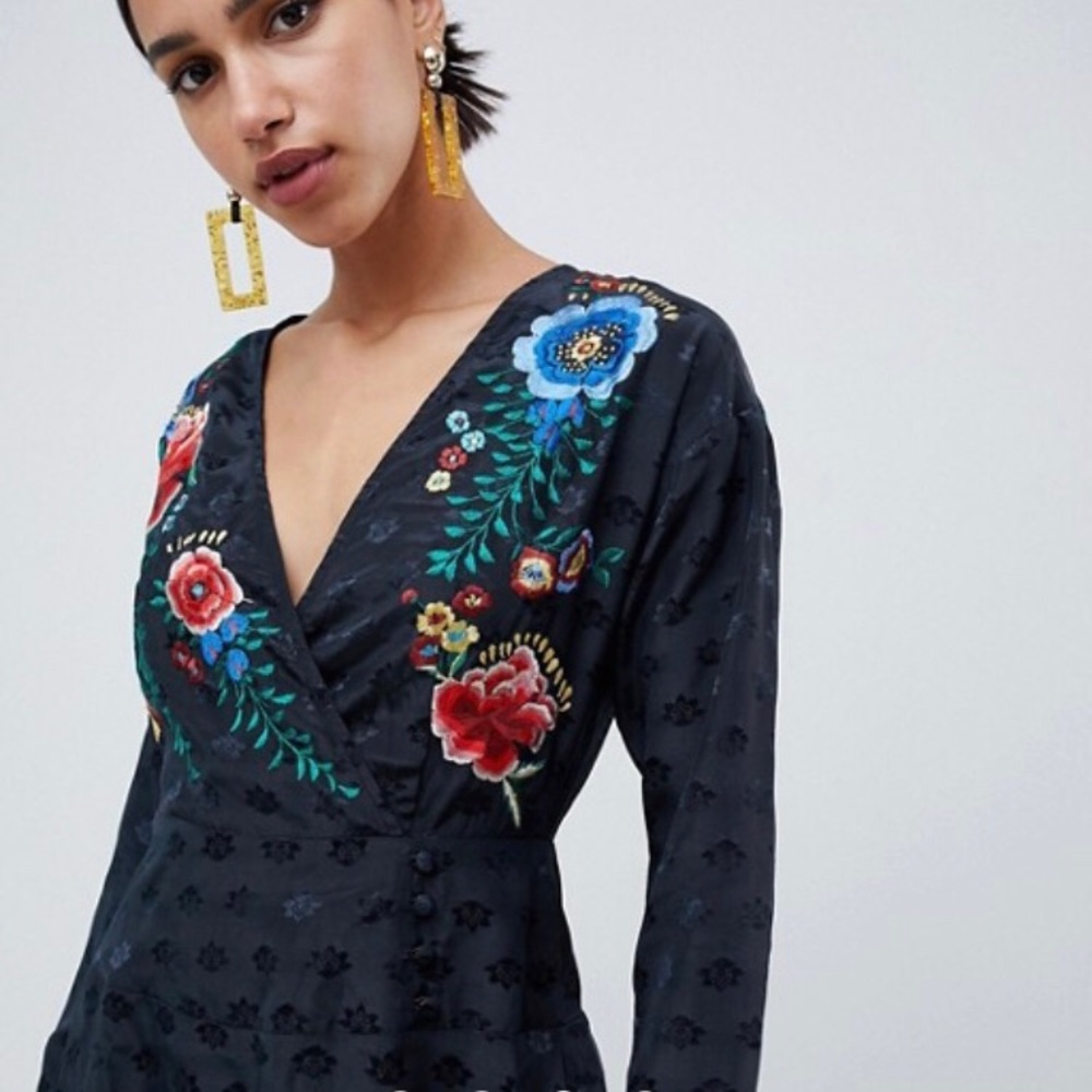 jacquard wrap midi dress, long sleeves, embroidery